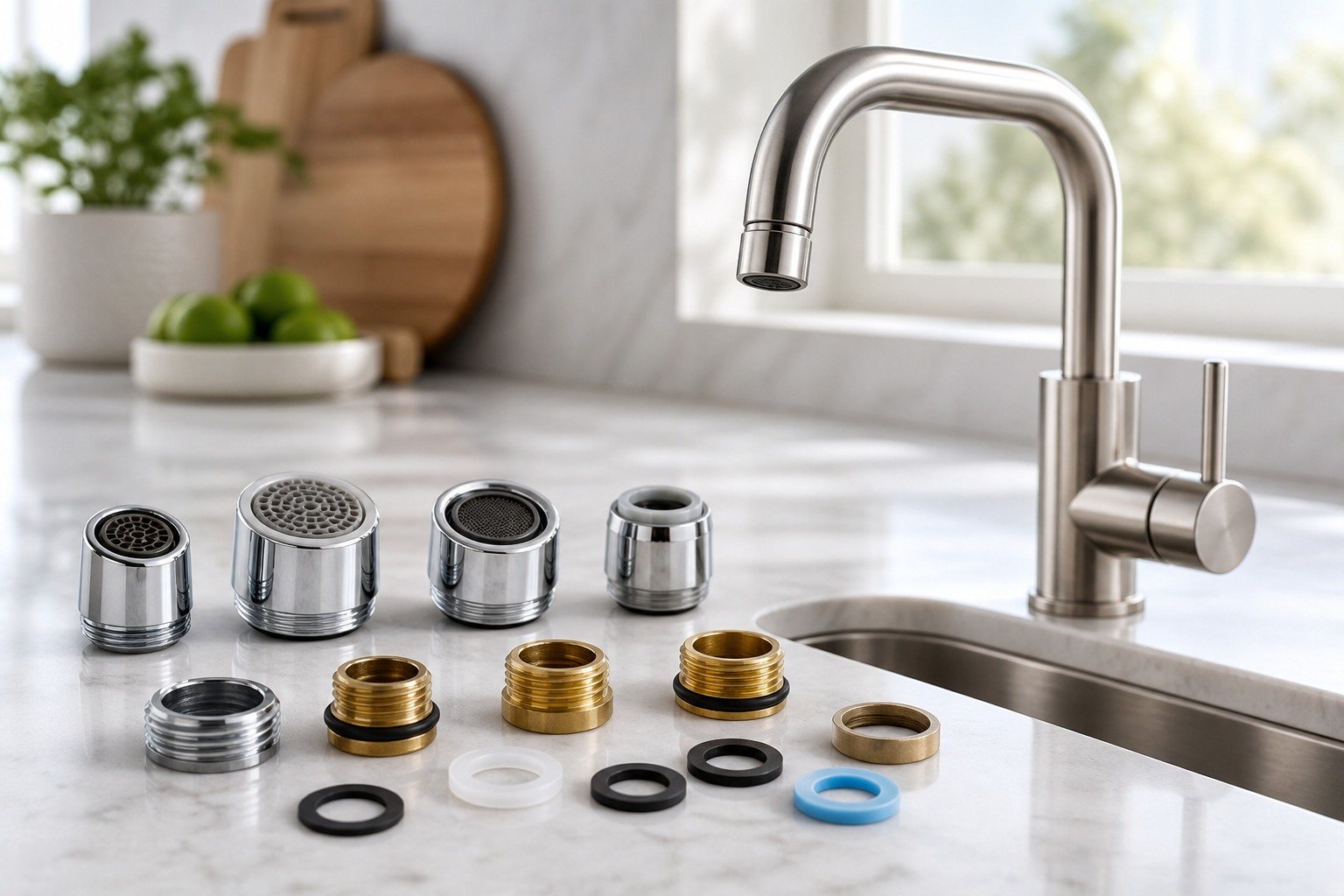 Varios aireadores y adaptadores universales junto a un grifo de cocina