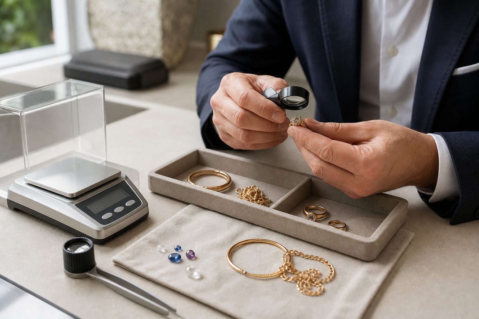 Gemólogo examinando un anillo de oro con una lupa junto a una balanza y varias joyas