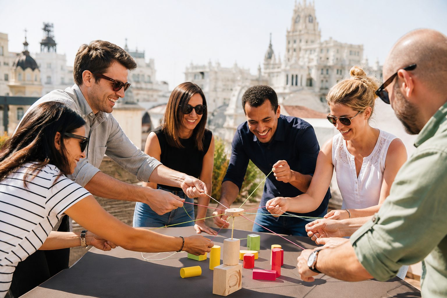 Equipo de compañeros realizando una actividad colaborativa en Madrid