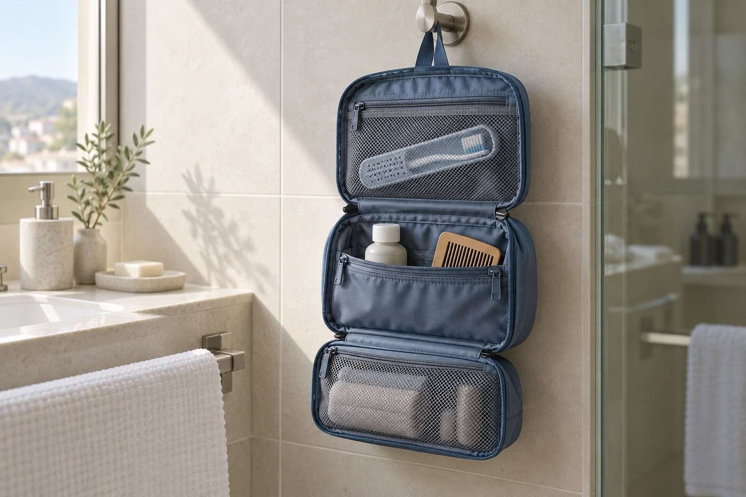 Neceser azul desplegado en un gancho de pared, con productos de aseo organizados en un baño pequeño.